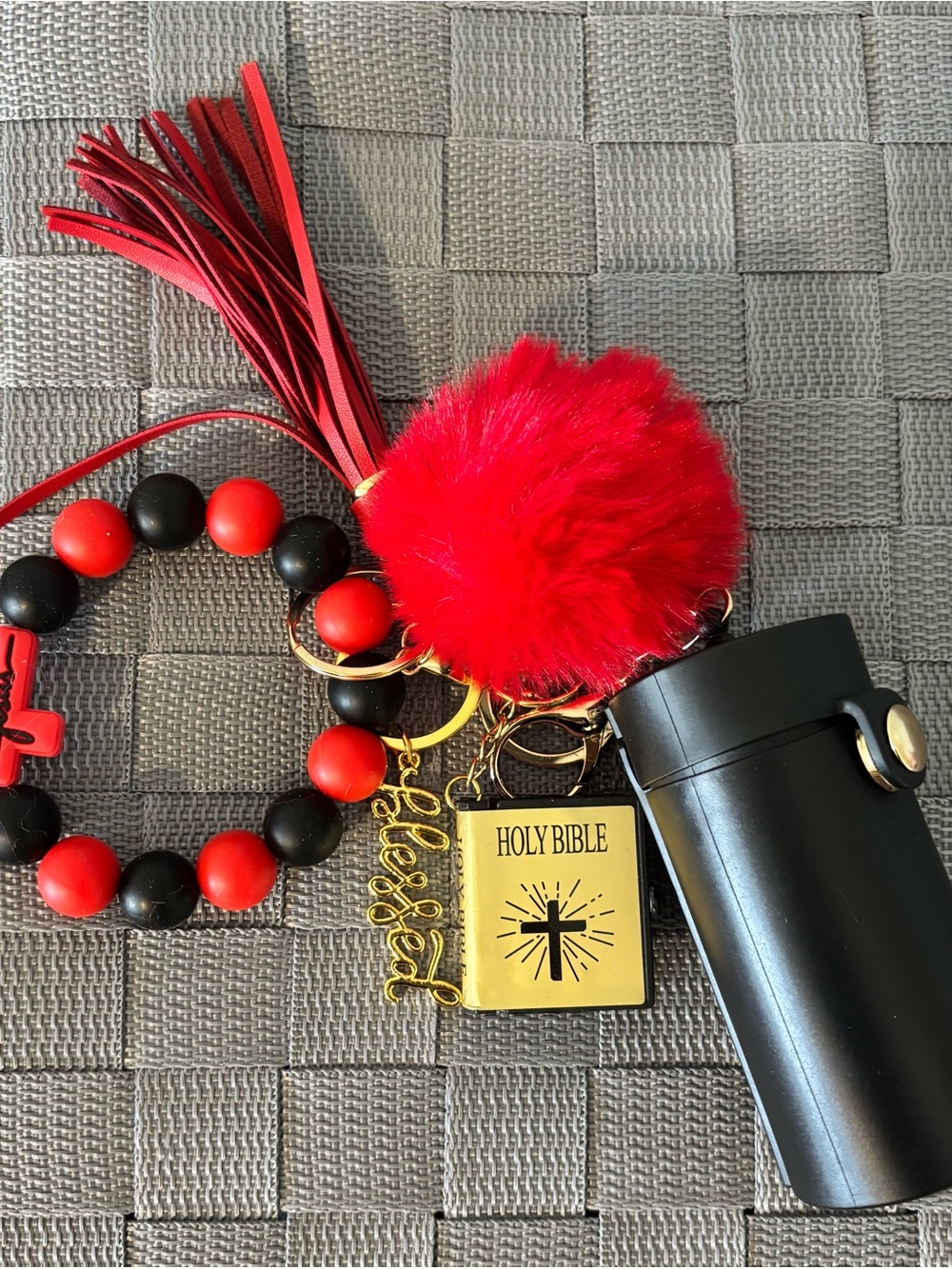 Red and Black Pom Pom Beaded Keychain with Gold Holy Bible Charm